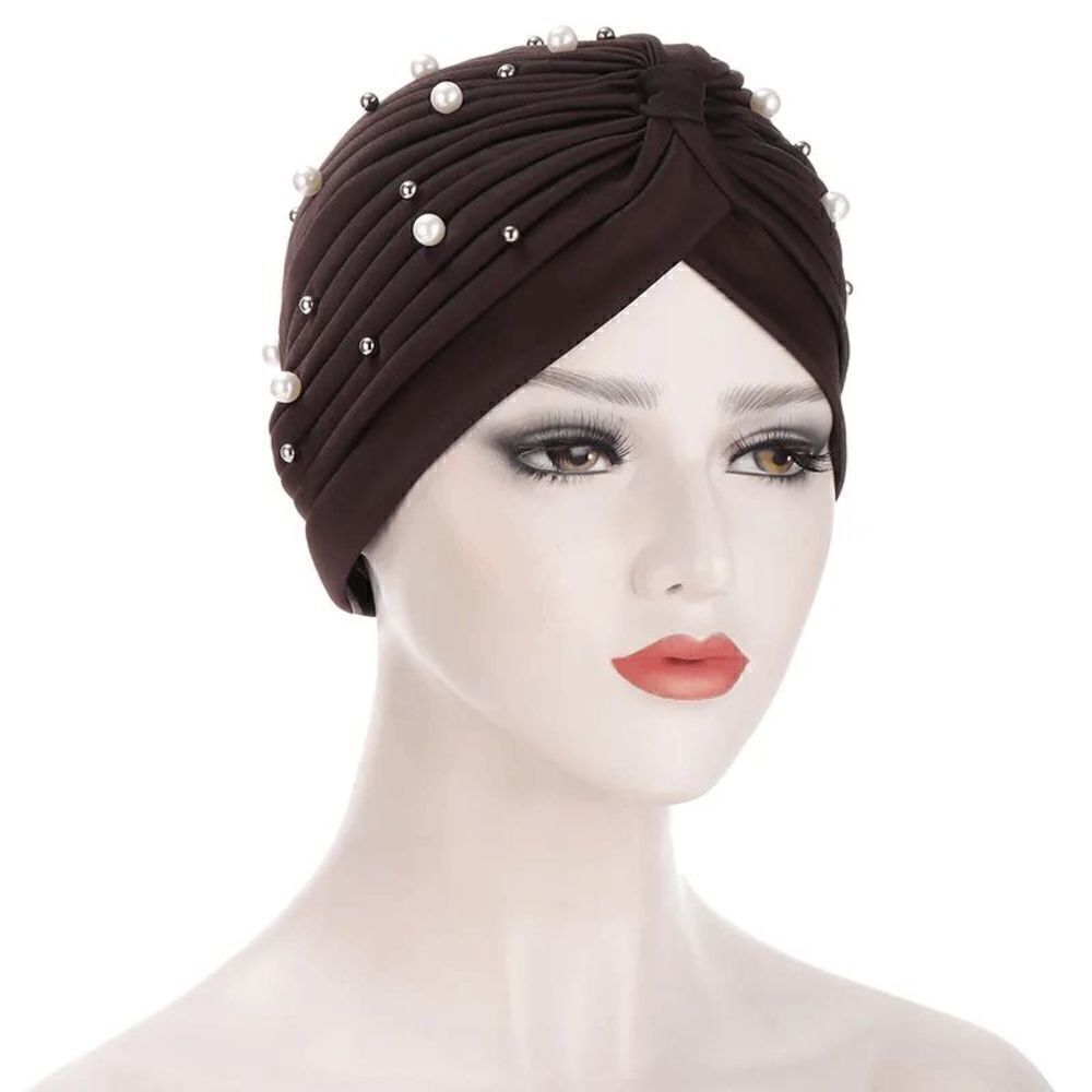 Brown Fashion Pearl Beanie Headwrap